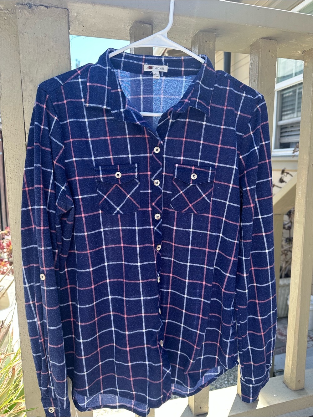 Michele Navy Plaid Shirt with Pink & White Windowpane